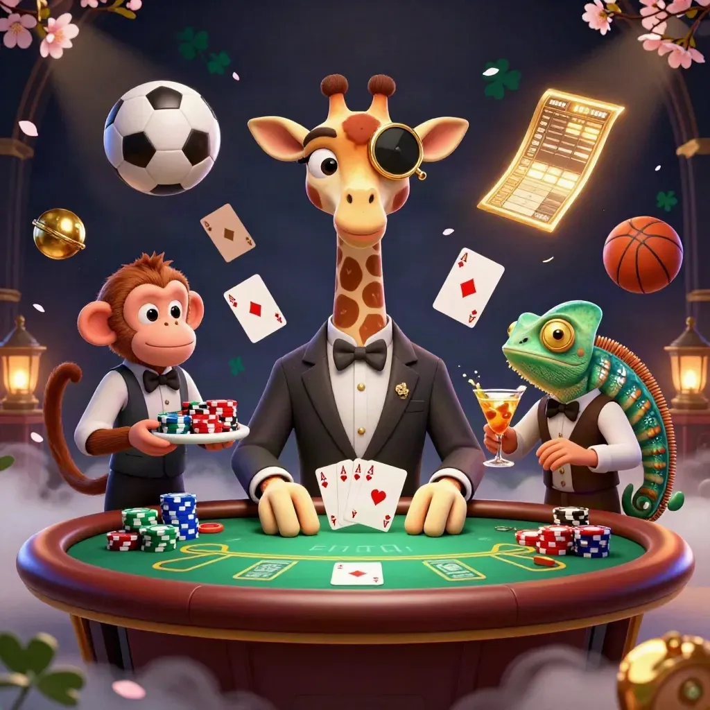 Luxe casino giraffe, monkey and chameleon amid chips, cards and flying sports props.