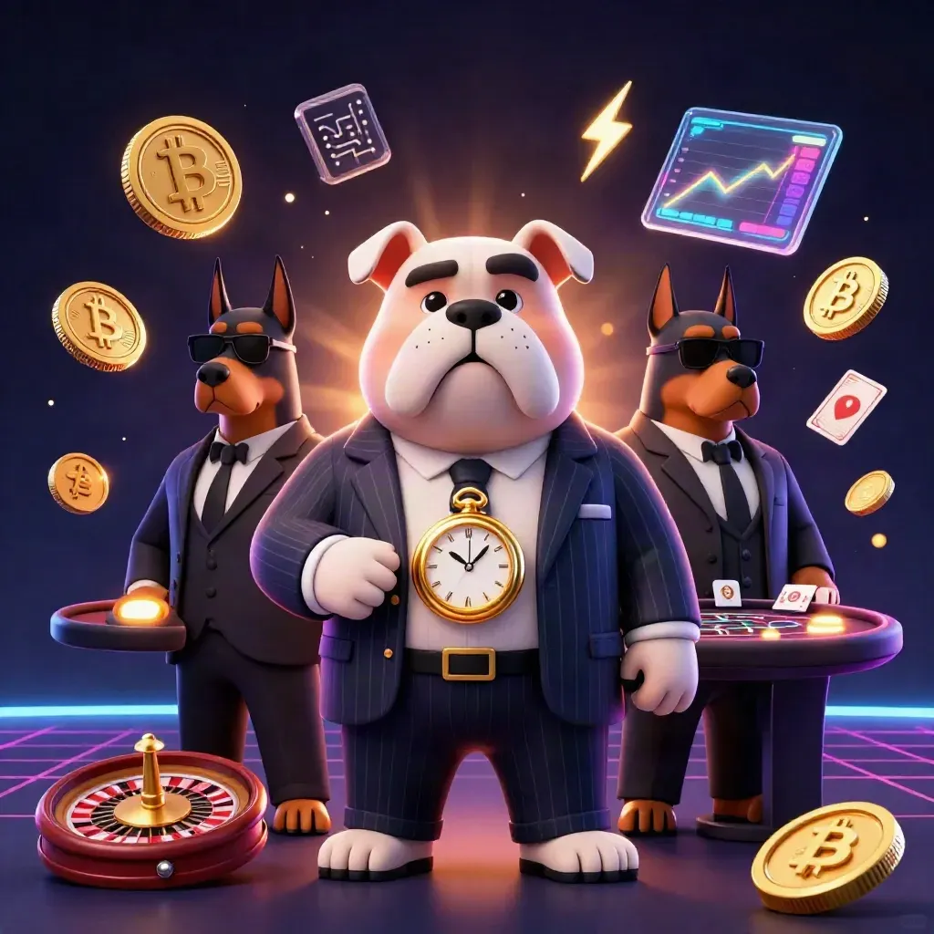 Bulldog boss with two Dobermans amid casino lights, coins, charts, and a spinning roulette wheel.