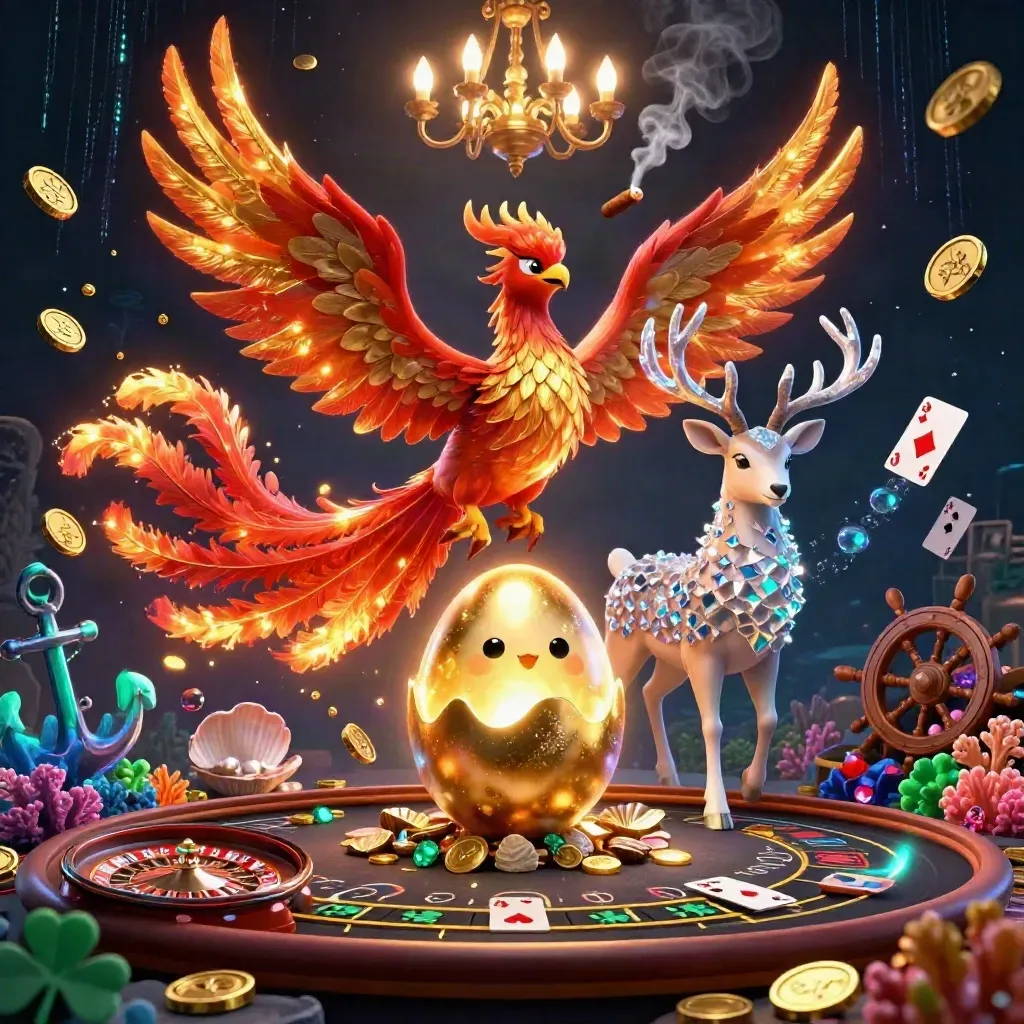 Phoenixes and a crystal-antlered stag in a luxe undersea casino with gold, coral, and roulette.