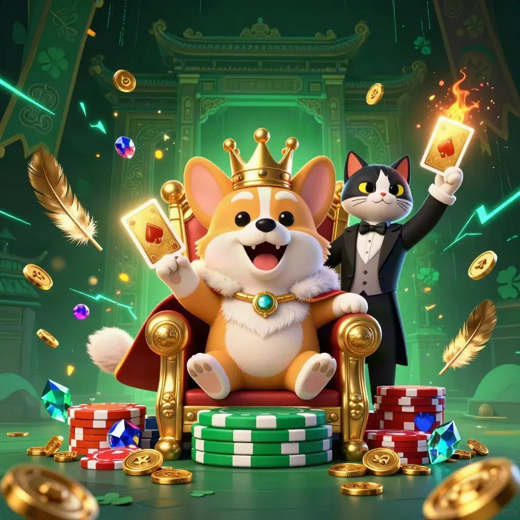 Crowned corgi and cat butler amid coins, gems, banners and neon energy in a luxe casino scene.