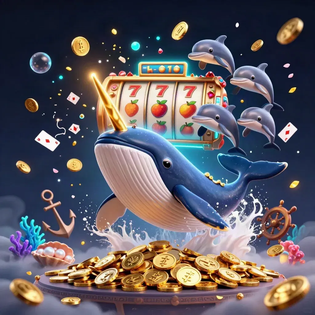 Captain whale, narwhal and dolphins burst through gold coins in a neon underwater treasure cove.