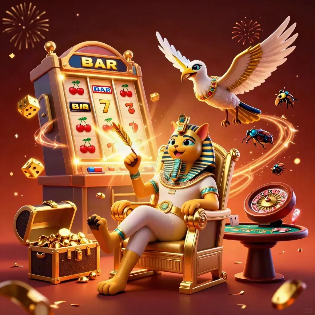 Pharaoh cat, ibis scribe and scarabs amid jackpot slot burst, gold coins, fireworks, dark luxe casino glow