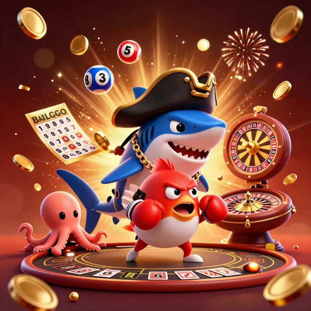 Pirate shark, boxing pufferfish, and juggling octopus in a burst of casino gold and fireworks.