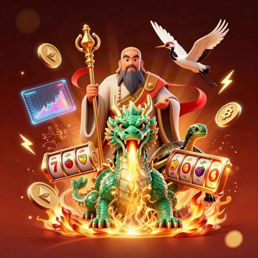 Emerald dragon, turtle sage and cranes amid casino icons, coins and golden fire.