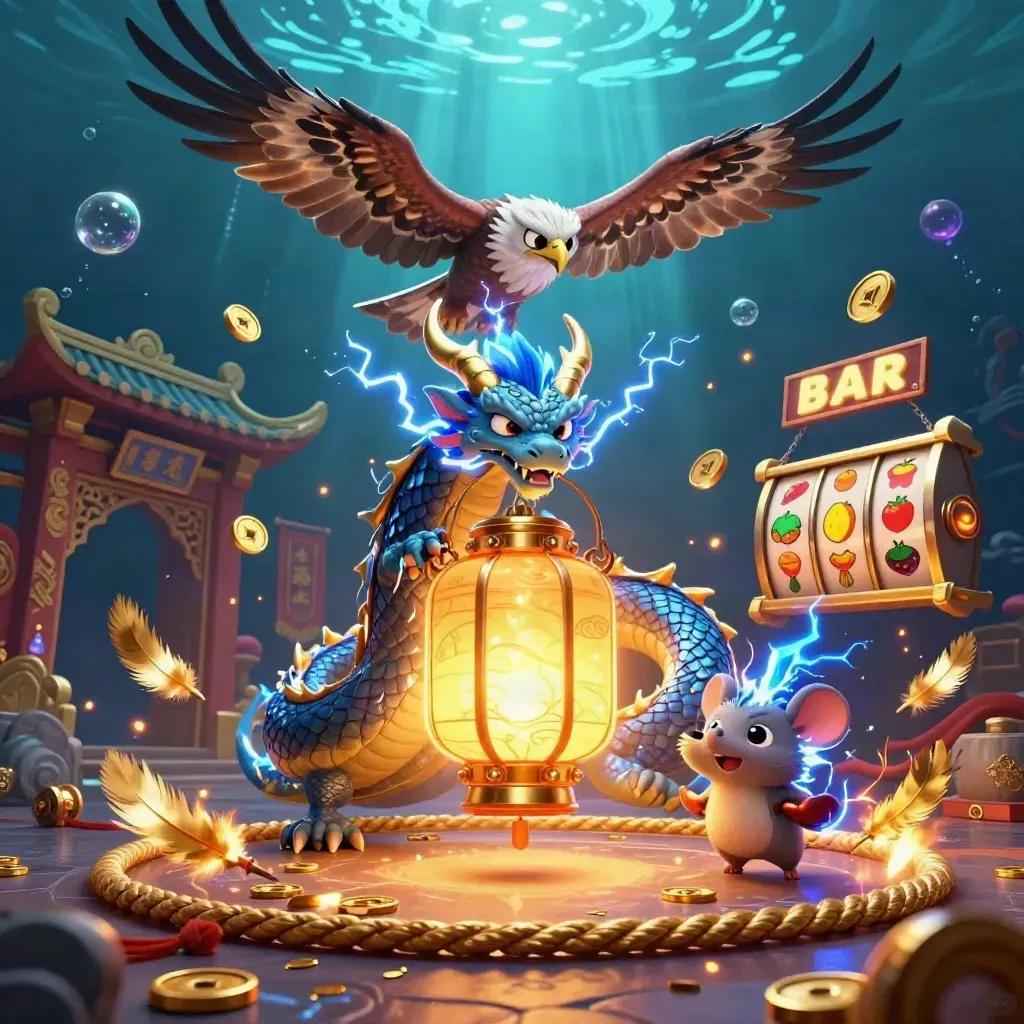 Thunder dragon, glowing hawk, and static mouse orbit a gold lantern in a neon casino underwater scene.